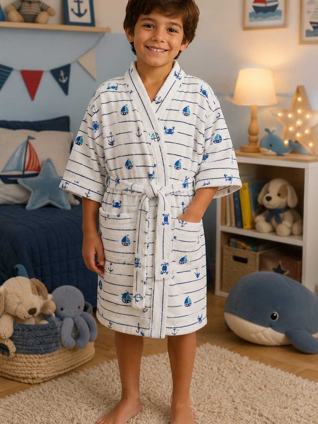 Menino usando roupão infantil náutico La Luna
